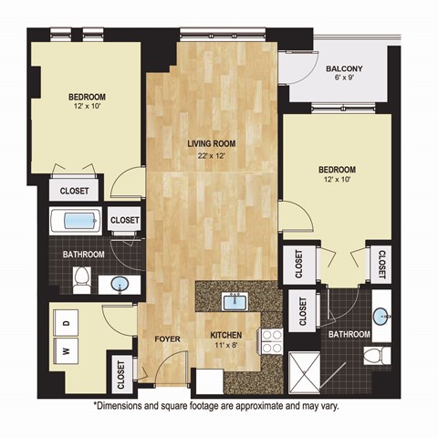 Floor plan for 2 beds, 2 baths, 1067 sqft